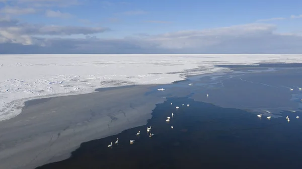 Obiettivo Grandangolare Paesaggi Innevati Vicino Mare Sotto Cielo Azzurro Nuvoloso — Foto Stock