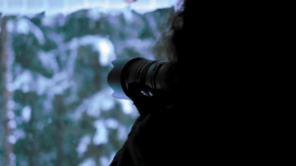 Slow Motion Person Taking Picture Beautiful Snowy Forest — Stock Video