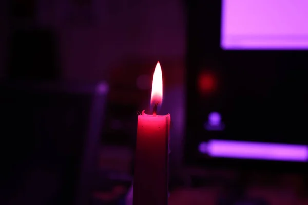 Bright Burning Candle Purple Light Table — Stock Photo, Image