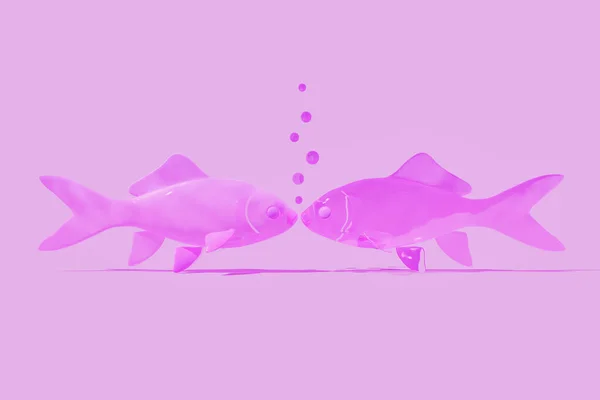 Rendering Illustration Two Pink Fish Love Producing Blue Bubbles Words — Stock Photo, Image