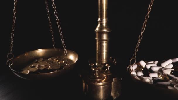 Old Wooden Judge Gavel Scales Law Justice Concept — Stock Video