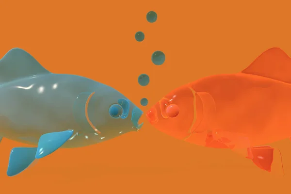 Rendering Illustration Blue Fish Talking Orange Fish Producing Blue Bubbles — Stock Photo, Image