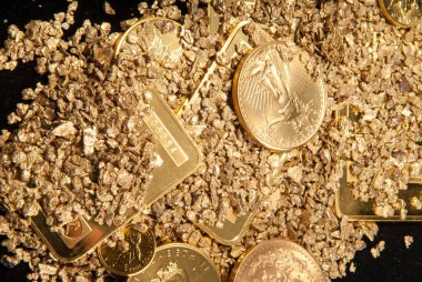 large samples of pure gold in various forms including coins, ingots, bars, dust and nuggets clipart