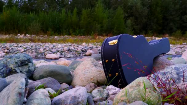 4Kで川の近くの岩の上のギターケース — ストック動画