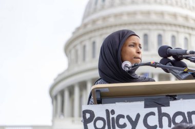 WASHINGTON D.C, UNITED STATES - Mar 31, 2019: Washington D.C., U.S.A- March 15th, 2019: Congresswomen, Ilhan Omar speaking at the 2019 climate change rally in D.C. clipart