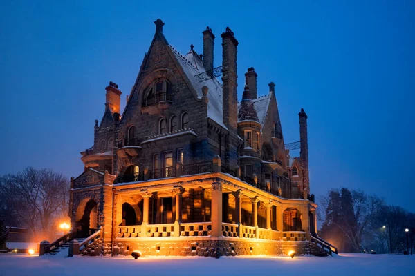 The beautiful Craigdarroch Castle against the night sky in British Columbia, Canada