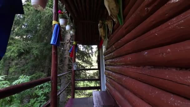 Ein Alter Holzbalkon Mit Topfblumen Und Tierschädeln — Stockvideo