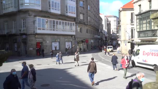 Február 2021 Pontevedra Vízszintes Videó Belvárosi Emberek Viselése Covid Corona — Stock videók