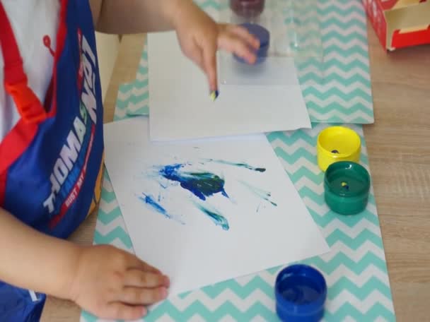 Small Young Polish Caucasian Boy Painting Fingers Water Color Blank — Stock Video