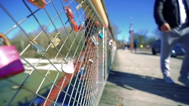 Love Locks Hang Bridge City People Walk Enjoy Good Weather — Stock Video