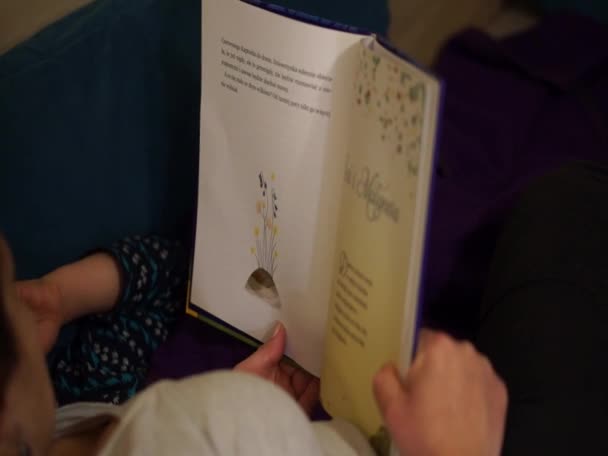 Παιδί Και Ενήλικας Διαβάζουν Ένα Βιβλίο Βράδυ — Αρχείο Βίντεο