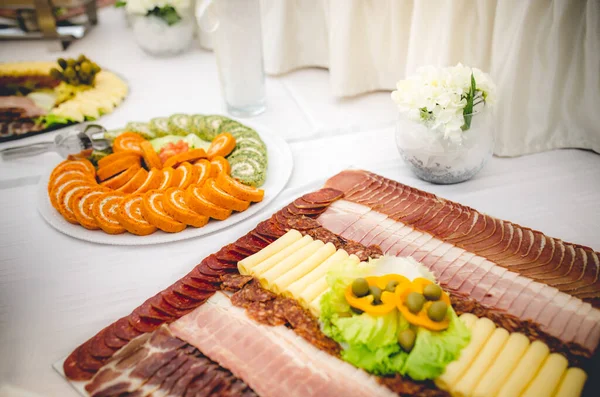 Closeup Delicious Finger Foods Salami Table Event — Stock Photo, Image