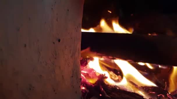 Feuer Kamin Der Nacht Der Blick Aus Dem Brennenden Brennholz — Stockvideo