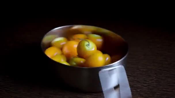 Closeup View Person Rotating Pan Cherries — Stock video