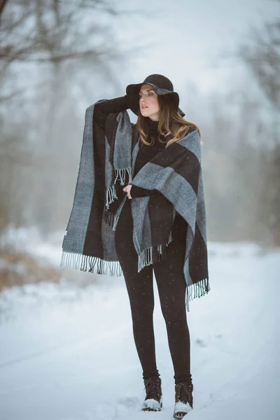 Attractive Confident Bosnian Woman Elegant Black Hat Warm Scarf Posing — стоковое фото