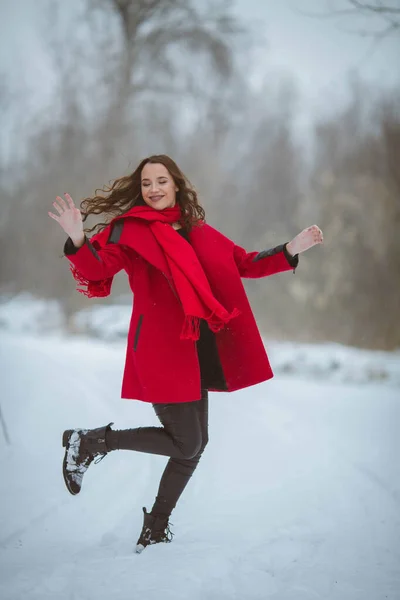 Μια Ελκυστική Ευτυχισμένη Βόσνια Κόκκινο Παλτό Ποζάροντας Για Την Κάμερα — Φωτογραφία Αρχείου