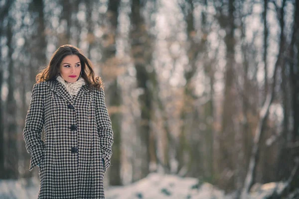 Stylish Brunettefemale Wearing Classic Houndstooth Coat — стоковое фото