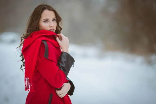 Eine Attraktive Selbstbewusste Bosnische Frau Rotem Mantel Posiert Einem Wintertag — Stockfoto