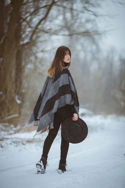 Attractive Confident Bosnian Woman Warm Scarf Elegant Hat Handposing Camera — стоковое фото