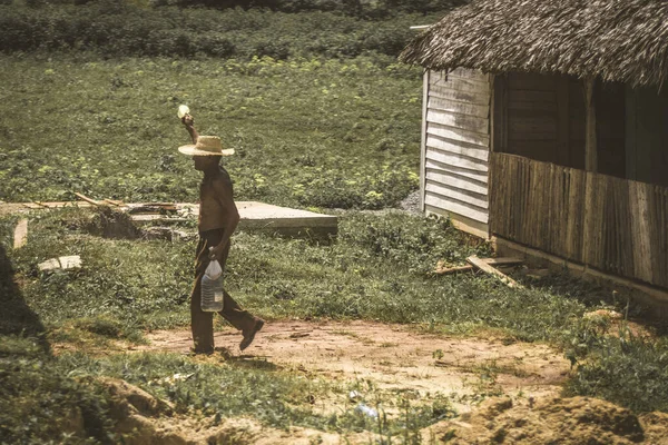 Cuba Sierpień 2019 Kubański Rolnik Pracujący Terenie Chatkę Rzemieślniczą Jakiegoś — Zdjęcie stockowe