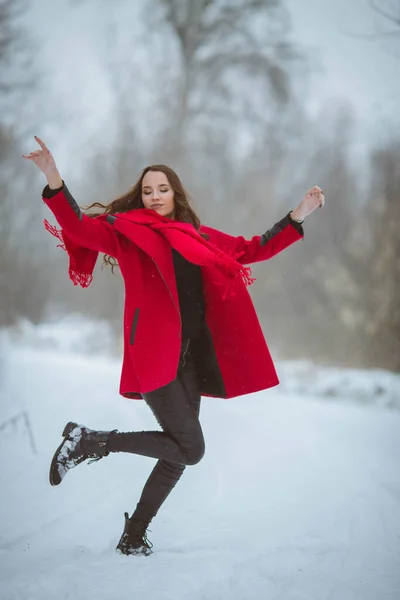 Μια Ελκυστική Ευτυχισμένη Βόσνια Κόκκινο Παλτό Ποζάροντας Για Την Κάμερα — Φωτογραφία Αρχείου