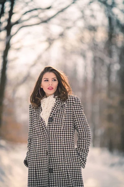 魅力的なブルネット女性でチェッカーコートのためにカメラのために冬の日 — ストック写真