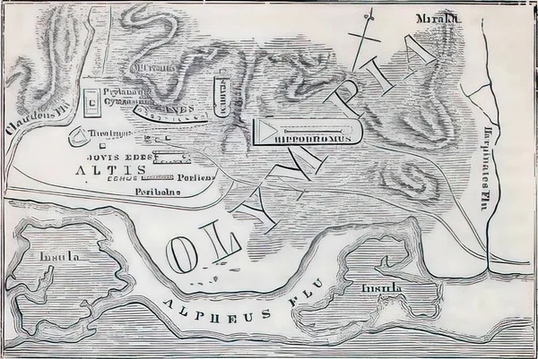 アーカイブ内のオリンピアの古代の地図のイラスト — ストック写真