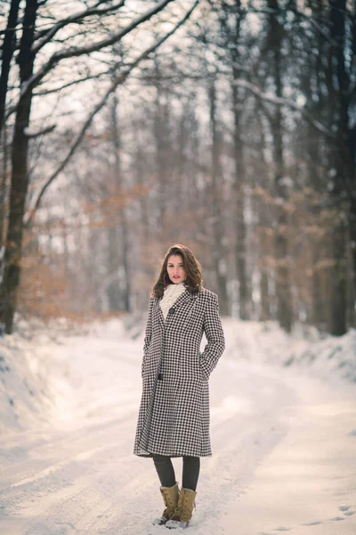 魅力的なブルネット女性でチェッカーコートのためにカメラのために冬の日 — ストック写真