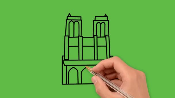 Kvinnlig Hand Med Penna Ritning Katedral Grön Bakgrund — Stockvideo