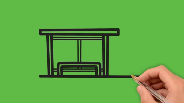 Kvinnlig Hand Med Penna Teckning Busstation Grön Bakgrund — Stockvideo