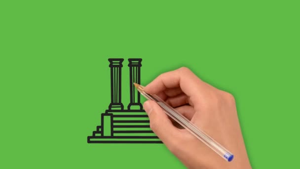 Female Hand Pencil Drawing Bank Building Green Background — Stock Video