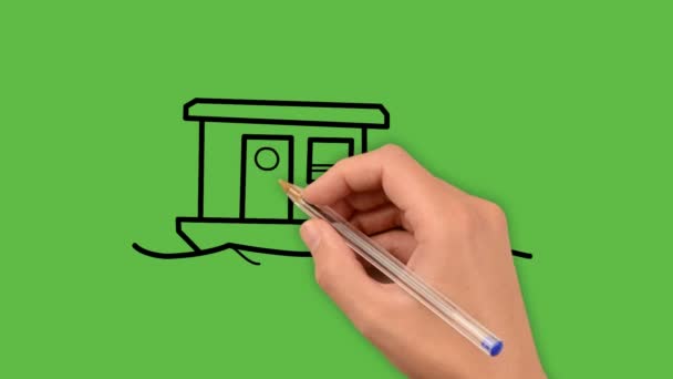 Female Hand Pencil Drawing Boat Sea Green Background — Stock Video