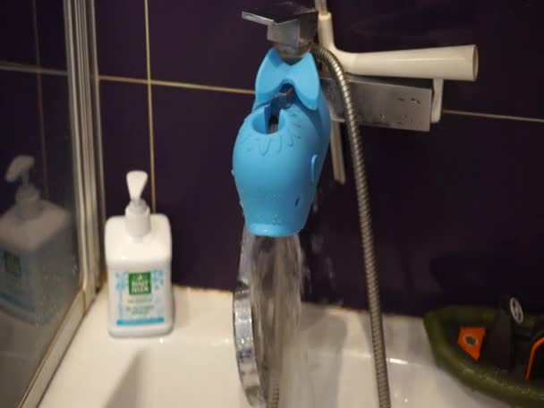 青い保護付き浴槽からの水の実行 — ストック動画