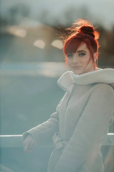 Portrait Young Smiling Red Haired Woman Bangs Standing Metal Fence — 스톡 사진