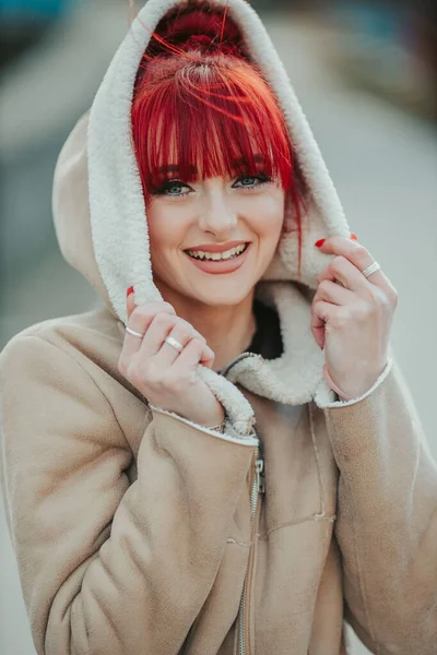 Portrait Smiling Young Red Haired Girl Bangs Looking Camera Wearing — 스톡 사진