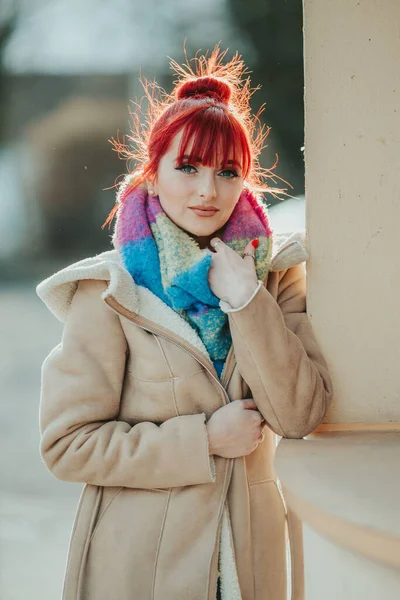 Portrait Beautiful Red Haired Sexy Woman Bangs Holding Her Colorful — ストック写真