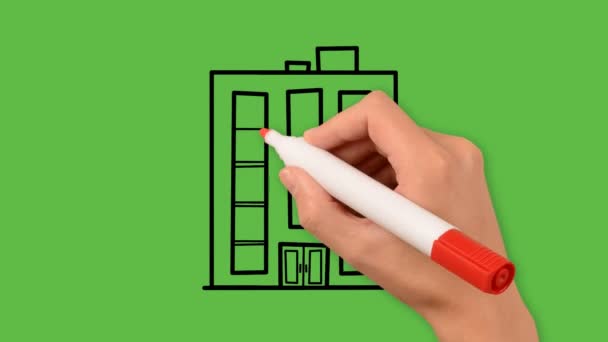 Mano Femenina Con Lápiz Dibujo Edificio Financiero Sobre Fondo Verde — Vídeo de stock