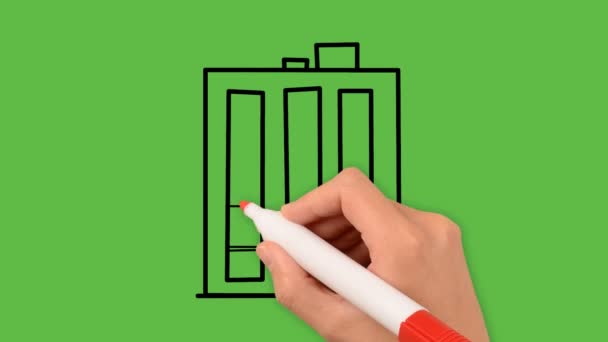 Female Hand Pencil Drawing Financial Building Green Background — Stock Video
