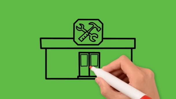 緑の背景に鉛筆画修復の建物を持つ女性の手 — ストック動画