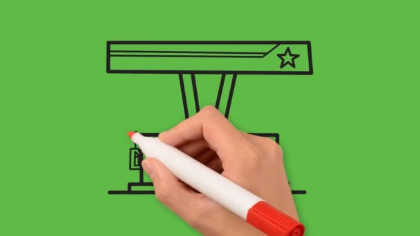 Weibliche Hand Mit Bleistiftzeichnung Tankstelle Auf Grünem Hintergrund — Stockvideo