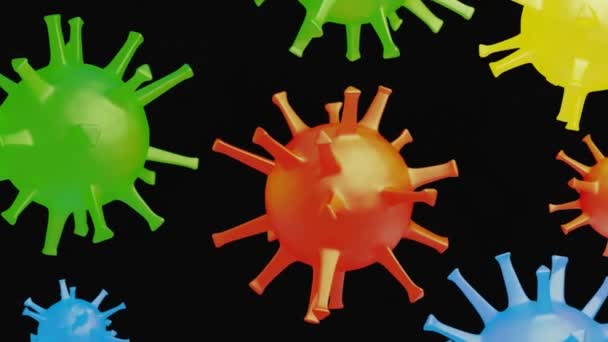 Kleurrijke Modellen Van Het Virus Covid Roteren Een Zwarte Achtergrond — Stockvideo