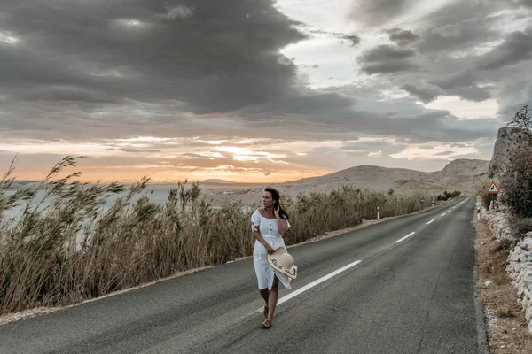 Young Croatian Woman White Dress Road Sea Surrounded Mountains Sunset — 스톡 사진
