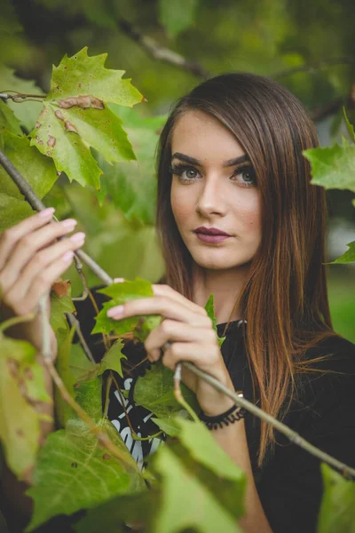 Tiro Seletivo Foco Uma Menina Atrativa Nova Que Prende Galho — Fotografia de Stock