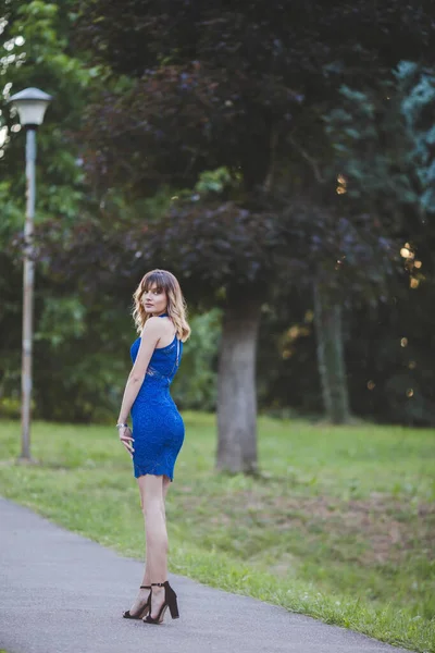 Vertical Shot Caucasian Sexy Woman Blonde Hair Blue Dress Nature — ストック写真