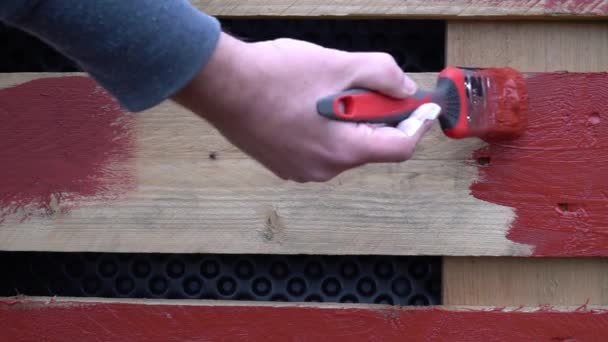 Zbliżenie Osoby Malującej Drewniany Płot Czerwony Strzałem Pędzla — Wideo stockowe
