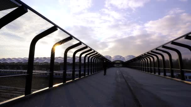Maskeli Bir Adam Metro Istasyonunun Yakınındaki Köprüde Yürüyor — Stok video