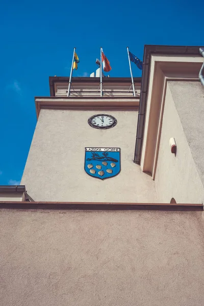 Laziska Gorne Poland Mar 2021 Close Coat Arms Clock Tower — Stock Photo, Image