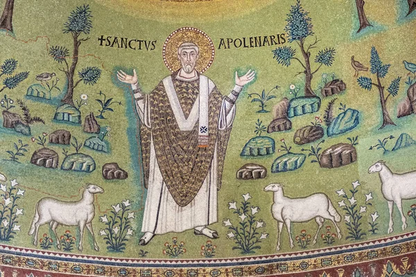 Closeup Mozaicuri Religioase Pereții Sant Apollinare Classe Ravenna Italia — Fotografie, imagine de stoc