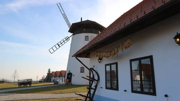 Folklore colony with old windmill in South Moravia, Czech republic