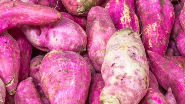 Eine Nahaufnahme Der Frisch Geernteten Süßkartoffeln Auf Dem Markt — Stockvideo